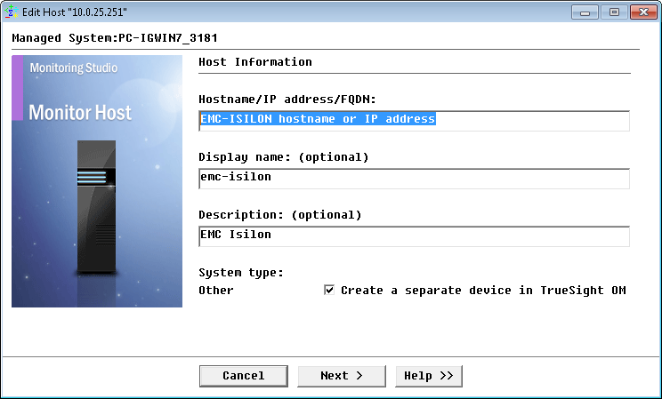 Specifying the hostname or IP address of the EMC Isilon storage device to be monitored